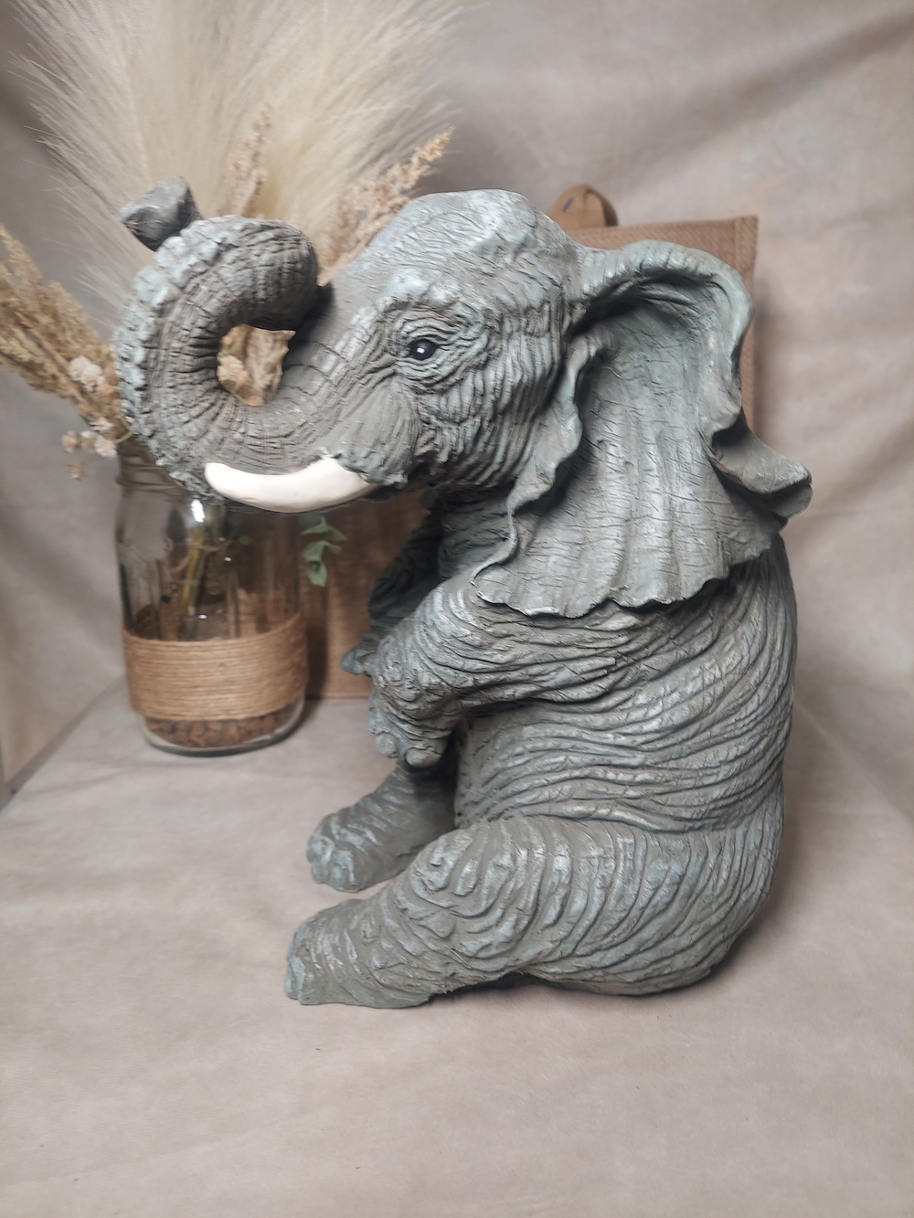 Seated Elephant Sculpture - 10.5" Lucky Trunk Up Figurine - Gray Resin Decor